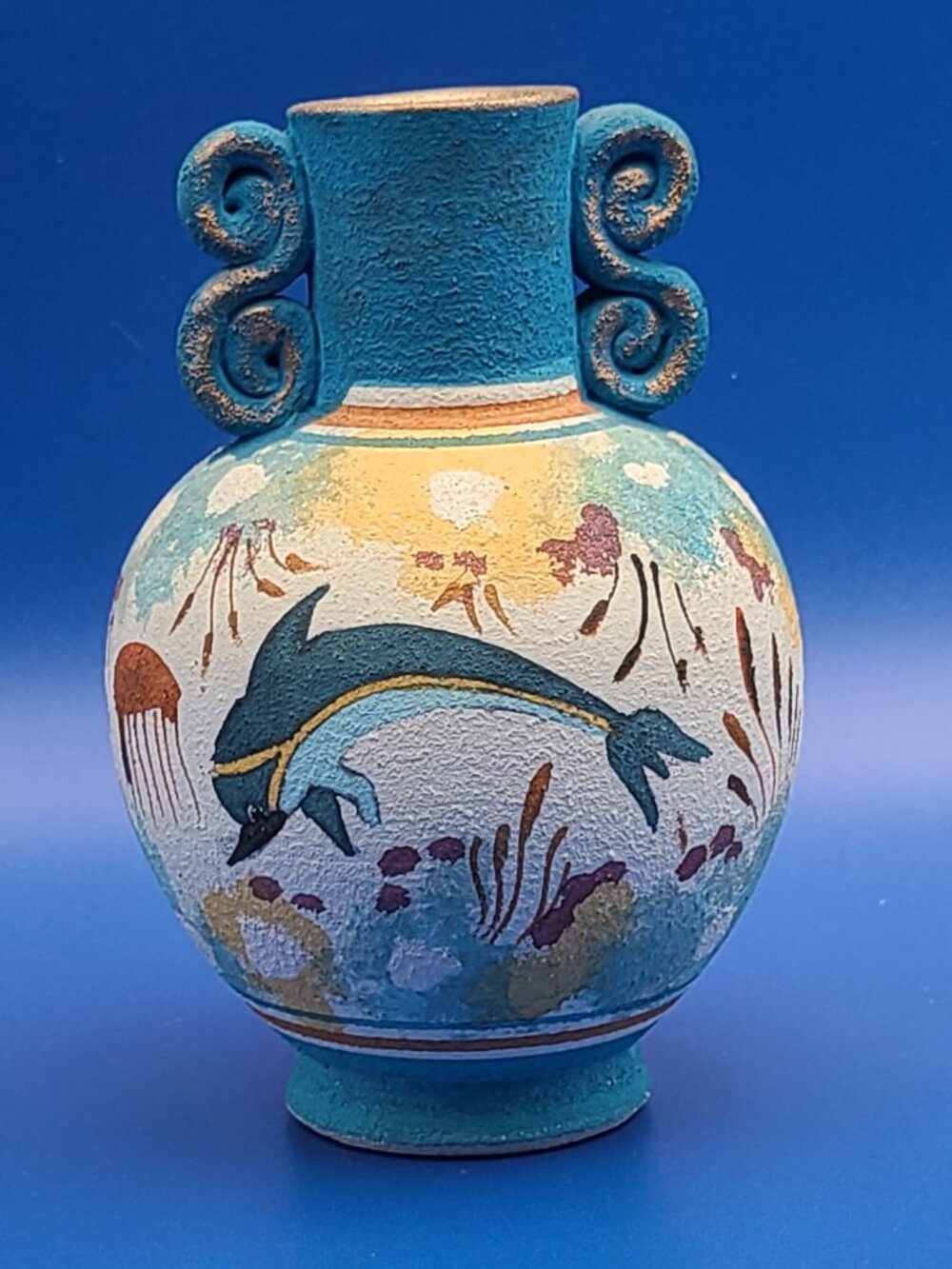Minoan Greek Pottery Style Modern Dolphin Sea Life Amphora Vase 5"